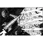 Komik sci-fi roket dan planet gambar vektor