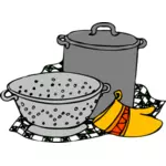 Vector illustration of cooking pot, siv and glove