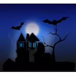 Vector clip art of spooky house with bats flying around