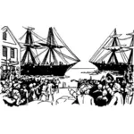 Vector drawing of old ships in Boston port