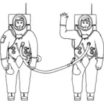Line drawing of two astronauts sharing a common pipe