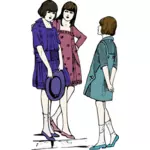 Gambar vektor tiga wanita muda yang mengobrol di trotoar