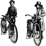 Vector Illustrasjon av gutten og jenta ved siden av sine sykler