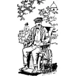 Vektorigrafiikka miehestä vanhanaikaisessa pyörätuolissa
