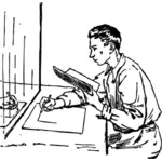 Mies piirtämässä peilivektorikuvan edessä