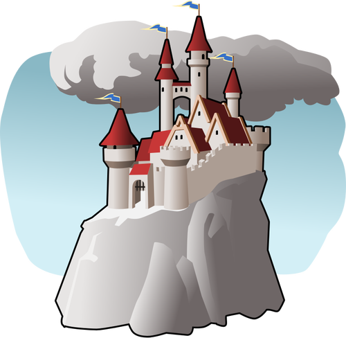 Vector illustration of cartoon building on top of mountain