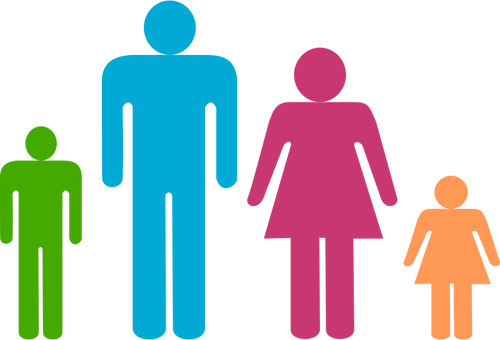 Blue man and pink woman with kids pictogram