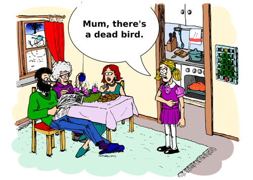 Family comic scene in full color illustration