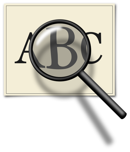 Vector graphics of magnifying glass over piece of paper with letters