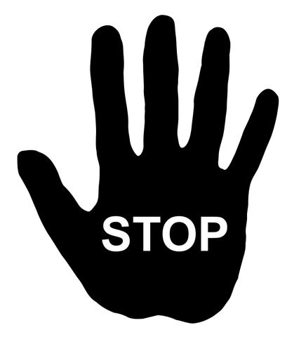 Human hand with text "stop