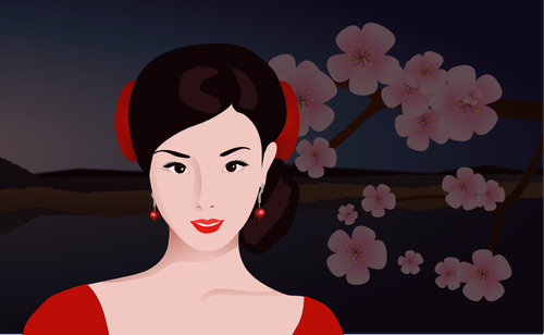 Asian woman with flowers in background vector clip art