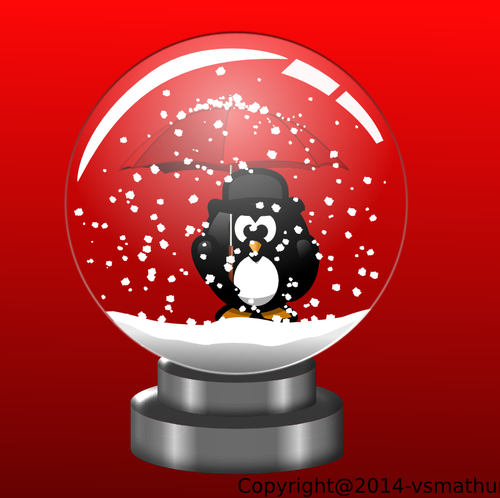 Penguin in snow globe on red background vector drawing