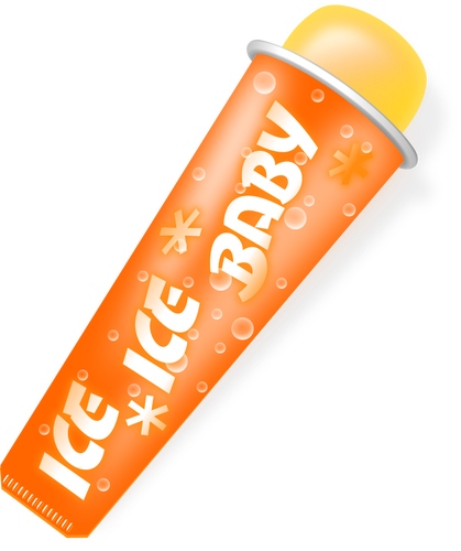 Vector drawing of yellow shaded popsicle in orange packaging with the words: "ice ice baby" on it.