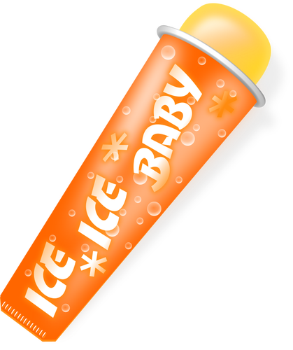 Vector tekening van geel gearceerde popsicle in oranje verpakking met de woorden: "ice ice baby" op het.