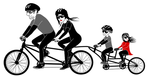 Four person family riding a tandem bike vector drawing