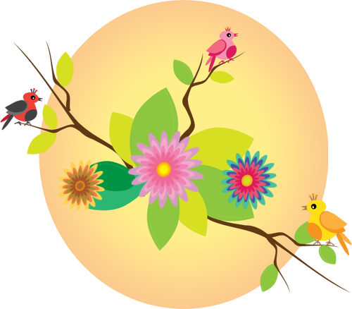 Ptáci a květiny pod sluncem ilustrace