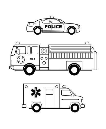 Emergency vehicles in black and white