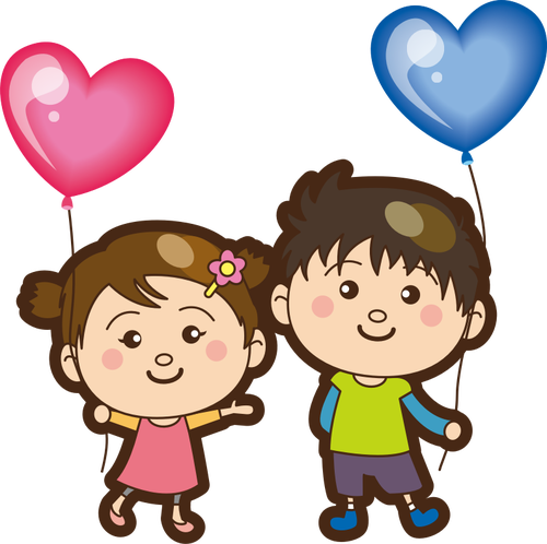 लड़का और लड़की दिल के गुब्बारे के साथ