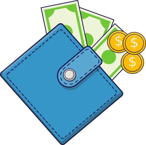 Wallet with cash and coins