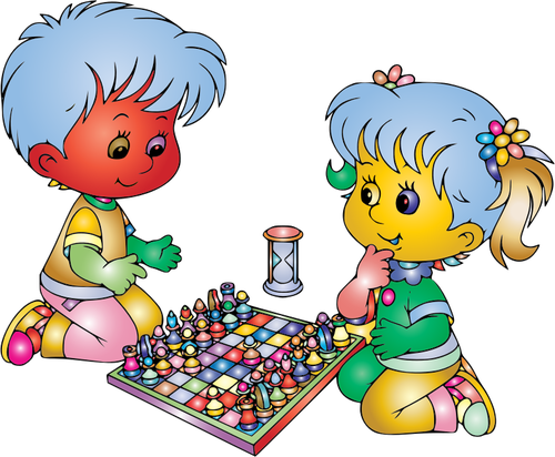 Anak laki-laki dan gadis bermain catur warna-warni