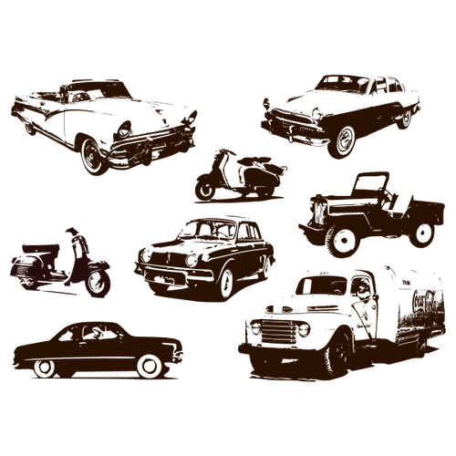 Retro vehicles monochrome silhouettes