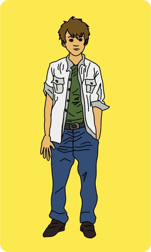 رسم توضيحي لشاب يقف بقميص أبيض وبنطلون أزرق