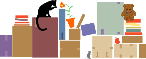 Ilustracja wektorowa kotów, myszy i teddy między pudełka pakowane