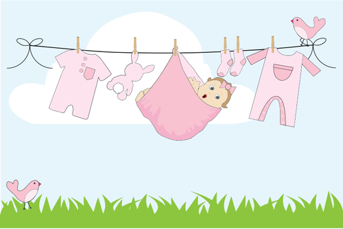 Cartoon baby girl hanging on clothesline Outside