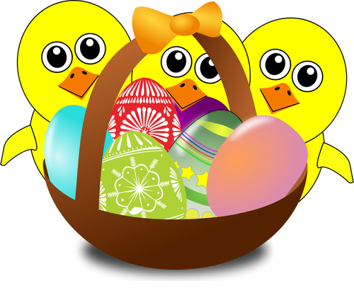 Мультфильм цыплят с пасхальные яйца в корзине векторное изображение