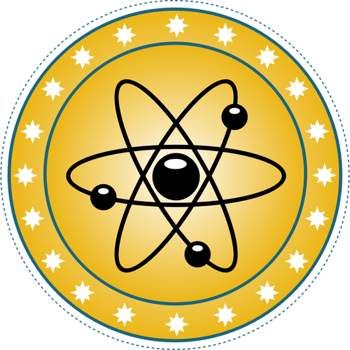 Vector drawing of atomic badge set in gold