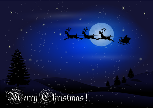 Papai Noel viajando a noite de Natal cartão desenho de vetor