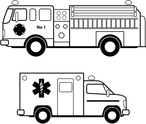 Ambulanza e incendio camion linea arte immagine vettoriale