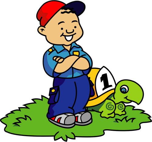 Vector clip art of boy and turtle about to race