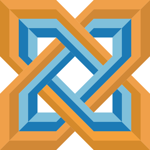 Drawing of stylized blue and orange Celtic knot