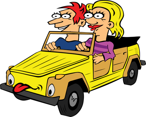 Tyttö ja poika ajavat auton grafiikkaa