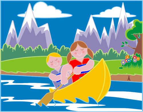 女の子と男の子の牧歌的な風景でカヌー