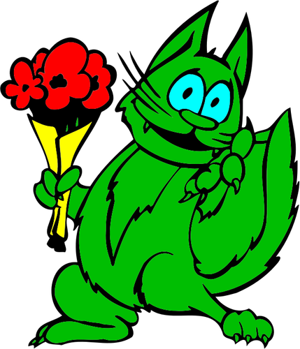 Vihreä kissa kukkien kanssa