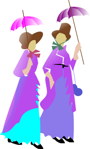 Illustration of two ladies walking in purple dresses