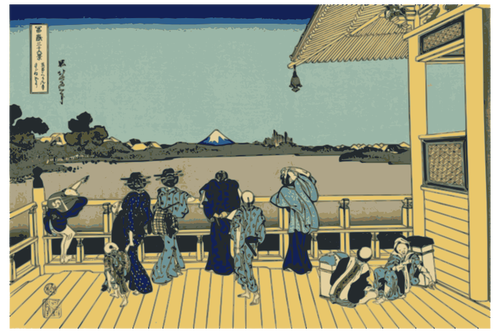 男人和女人看富士山从露台的矢量图