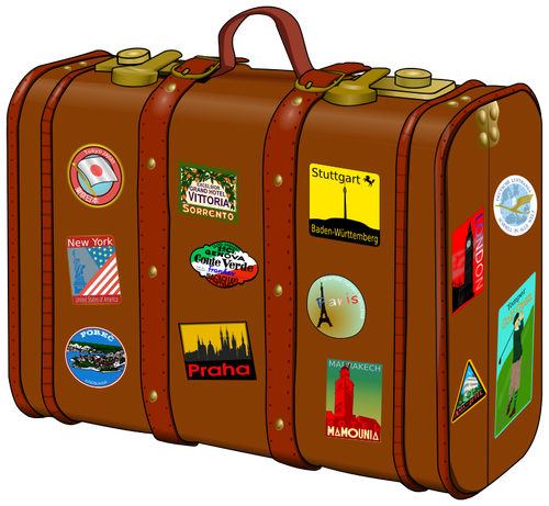 Suitcase with travel stickers vector drawing