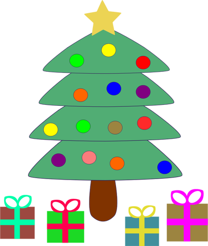 Vector clip art de bande dessinée présente sous le sapin de Noël