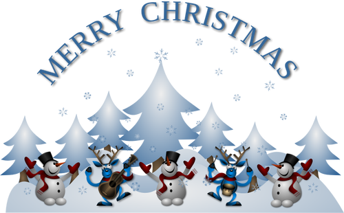 Snowman and dancing raindeer with guitar Merry Christmas greeting card vector illustration