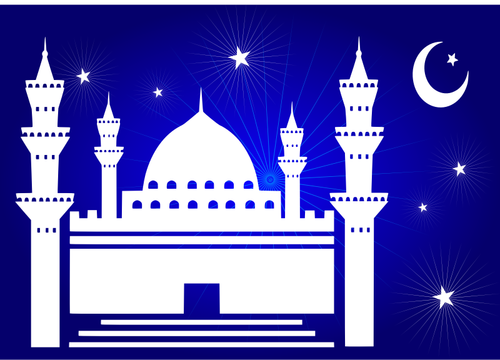 Vector clip art of nightime mosque with stars and moon above