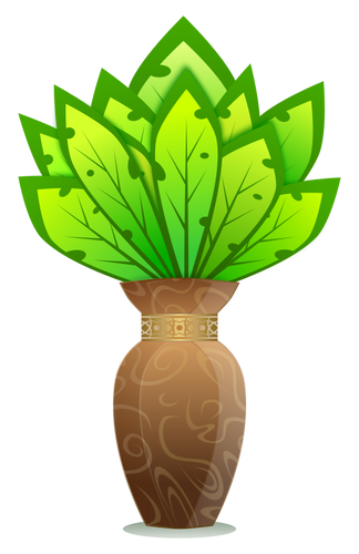 Vektorgrafik med brun vas med stora gröna blad