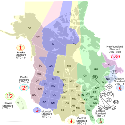 संयुक्त राज्य अमेरिका और कनाडा समय क्षेत्रों के वेक्टर मानचित्र
