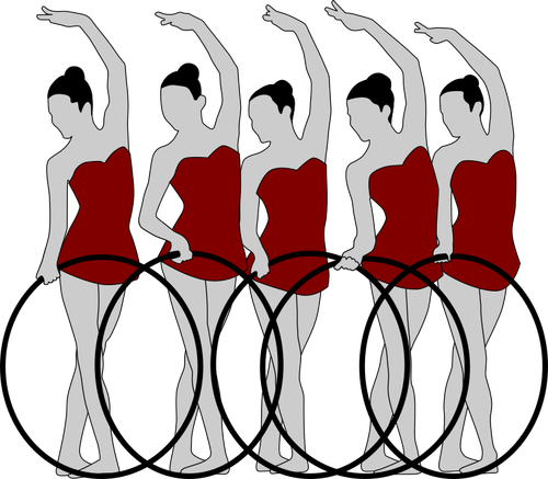 Vector image of five rhythmic gymnastics performers with bows