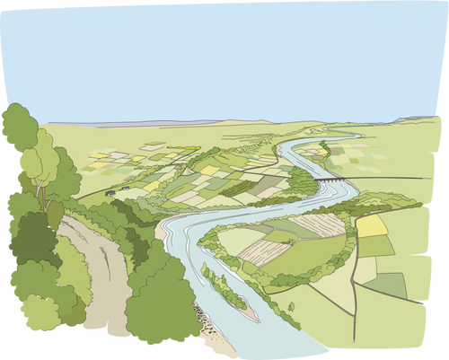 Drawing of river flowing through green fields