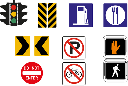 Vektorové kreslení výběru provozu dopravních značek v barvě