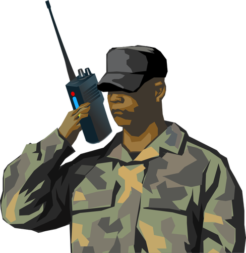 Soldat cu radio walkie talkie de desen vector