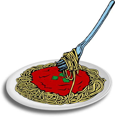 Vector image of spaghetti on a plate with fork